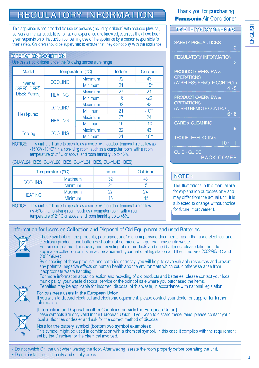 Panasonic F566077 operating instructions Regulatory Information, Operation Condition, English, Table of Contents 