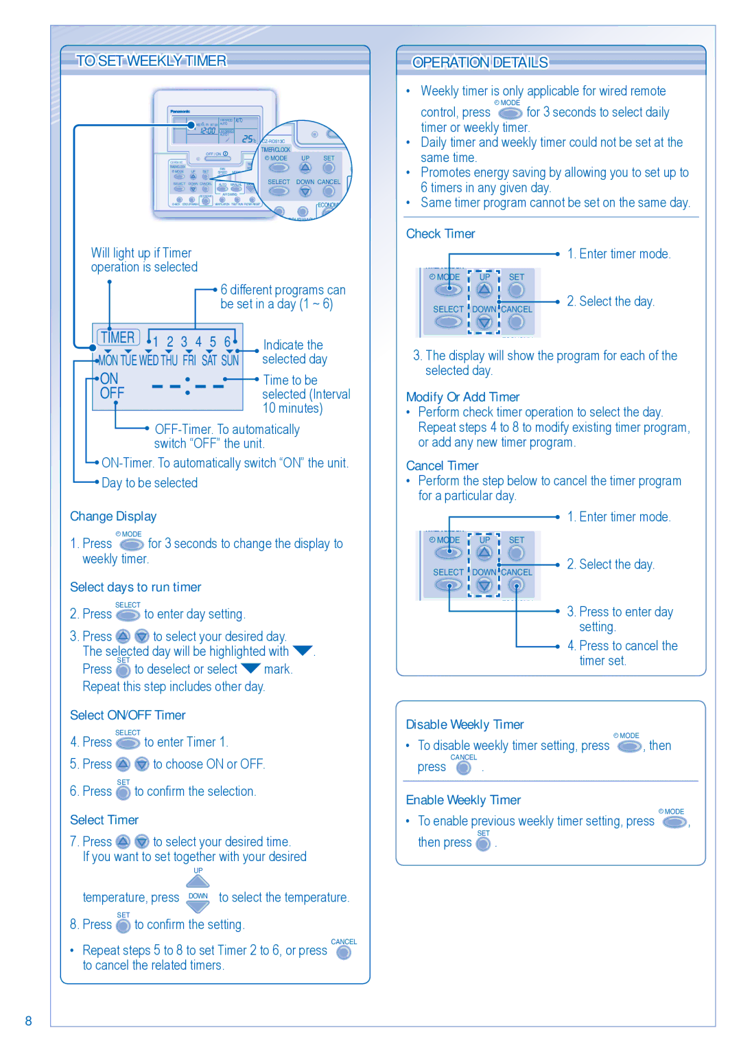 Panasonic F566077 operating instructions To SET Weekly Timer, Operation Details 