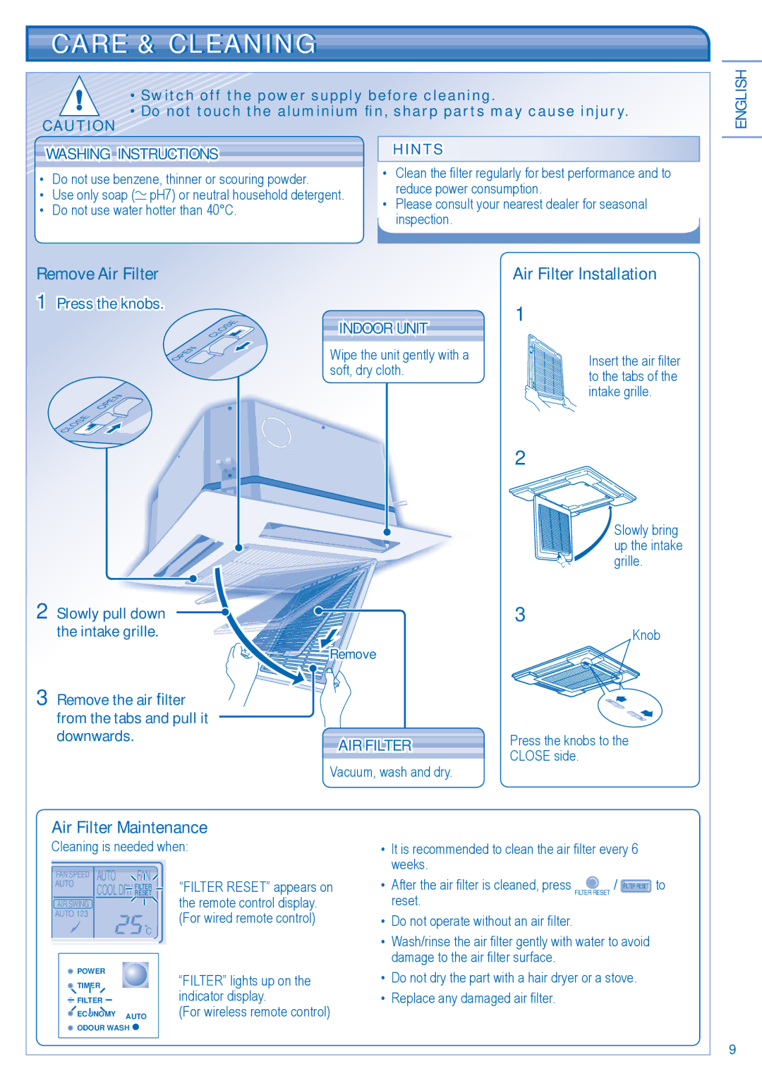 Panasonic F566077 operating instructions Care & Cleaning, Washing Instructions, Indoor Unit, AIR Filter 