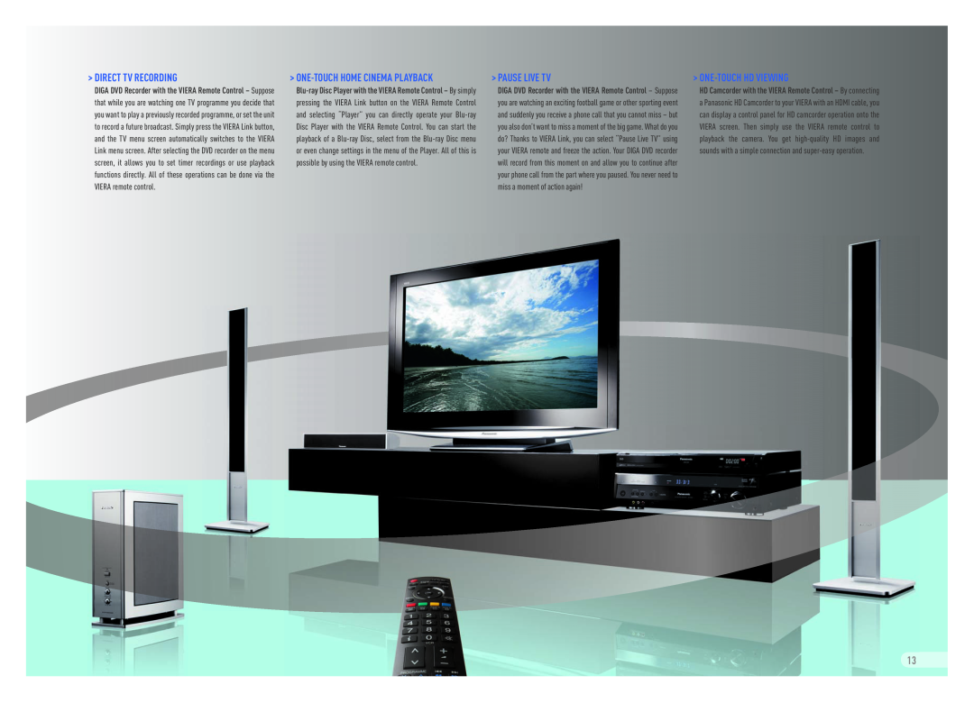 Panasonic Flat Screen TV manual Direct Tv Recording, Pause Live Tv, One-Touch Hd Viewing, One-Touch Home Cinema Playback 