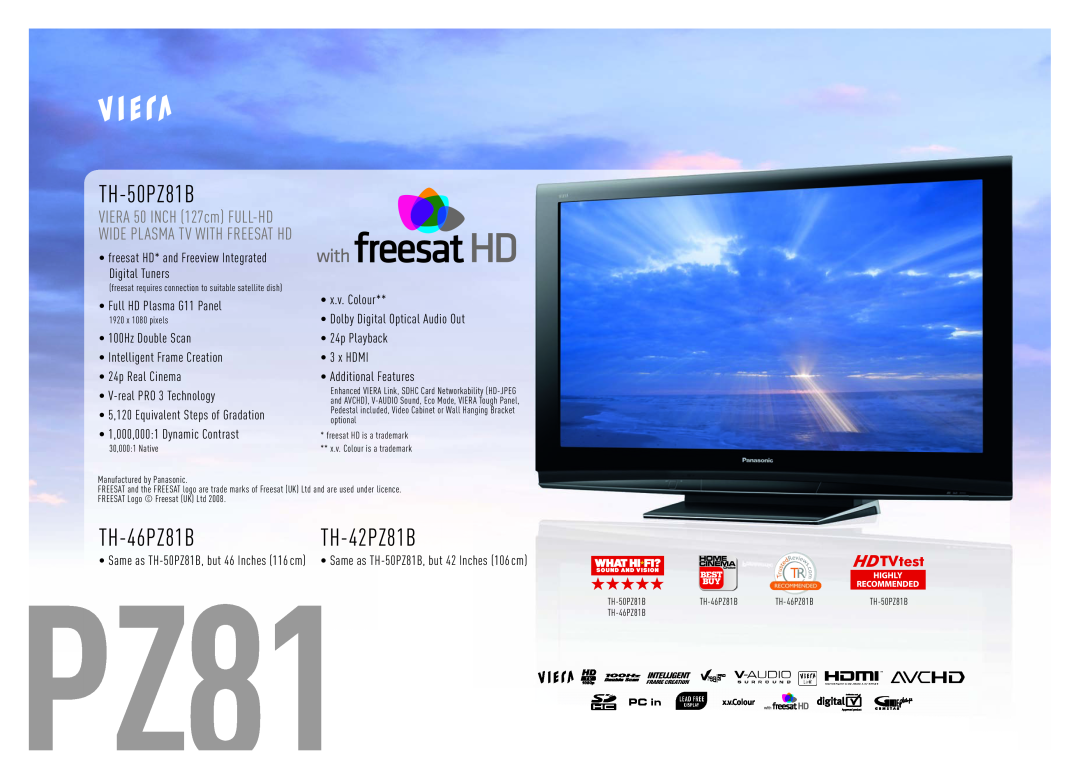 Panasonic Flat Screen TV TH-50PZ81B, TH-46PZ81B, TH-42PZ81B, VIERA 50 INCH 127cm FULL-HD WIDE PLASMA TV WITH FREESAT HD 