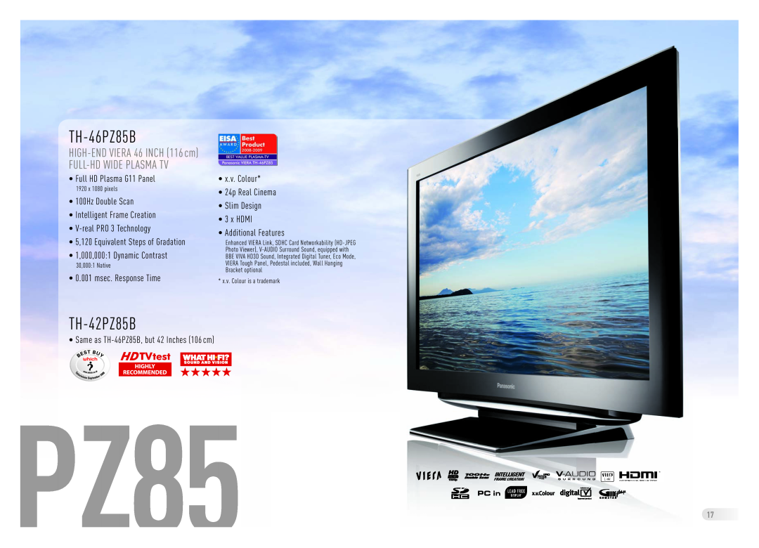 Panasonic Flat Screen TV manual TH-46PZ85B, TH-42PZ85B, Full-Hd Wide Plasma Tv, HIGH-END VIERA 46 INCH 116 cm 