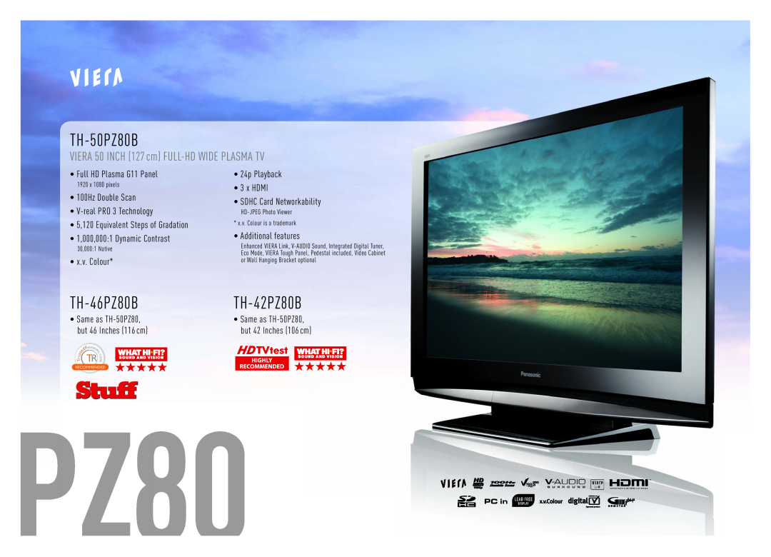 Panasonic Flat Screen TV manual TH-50PZ80B, TH-42PZ80B, TH-46PZ80B, VIERA 50 INCH 127 cm FULL-HD WIDE PLASMA TV 