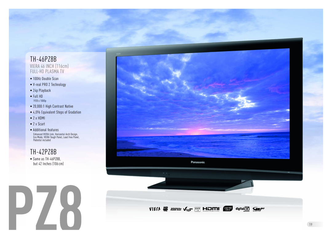Panasonic Flat Screen TV manual TH-46PZ8B, TH-42PZ8B, VIERA 46 INCH 116cm FULL-HD PLASMA TV, 1920 x 1080p 