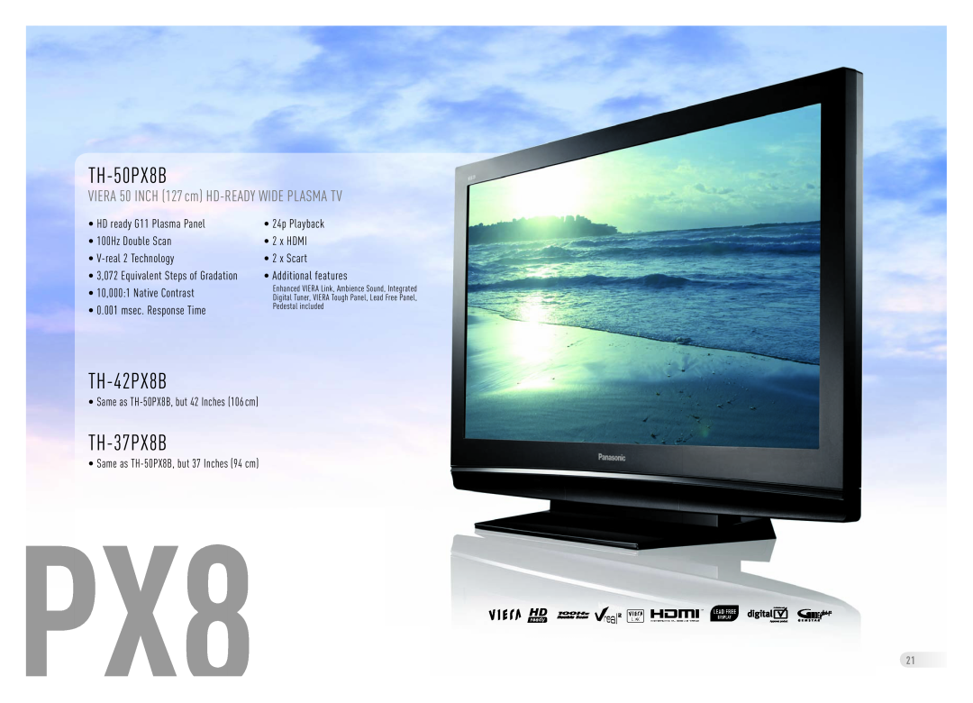 Panasonic Flat Screen TV manual TH-50PX8B, TH-42PX8B, TH-37PX8B, VIERA 50 INCH 127 cm HD-READY WIDE PLASMA TV 