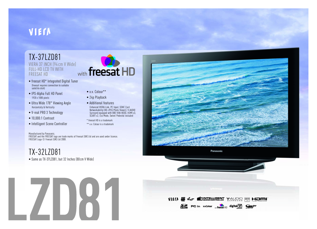 Panasonic Flat Screen TV manual TX-37LZD81, TX-32LZD81, VIERA 37 INCH 94 cm V Wide, Full-Hd Lcd Tv With Freesat Hd 