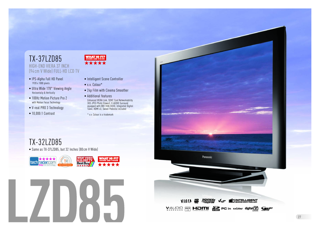 Panasonic Flat Screen TV manual TX-37LZD85, TX-32LZD85, HIGH-END VIERA 37 INCH 