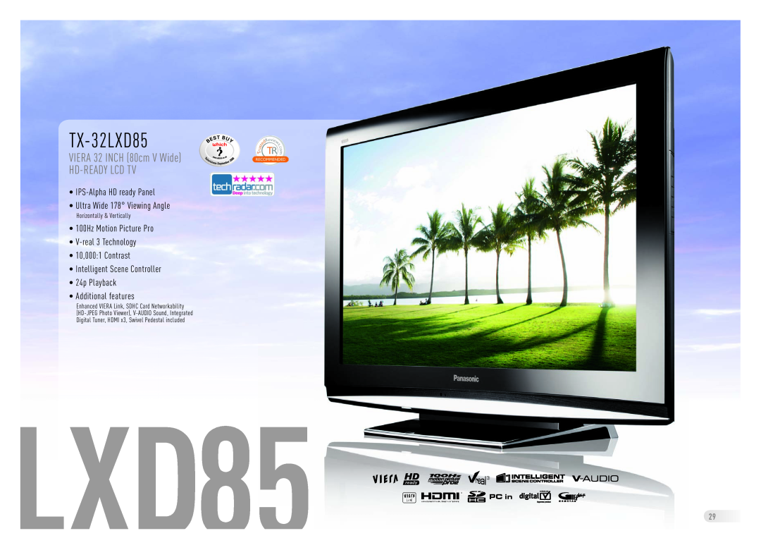 Panasonic Flat Screen TV manual TX-32LXD85, VIERA 32 INCH 80cm V Wide HD-READY LCD TV, Horizontally & Vertically 