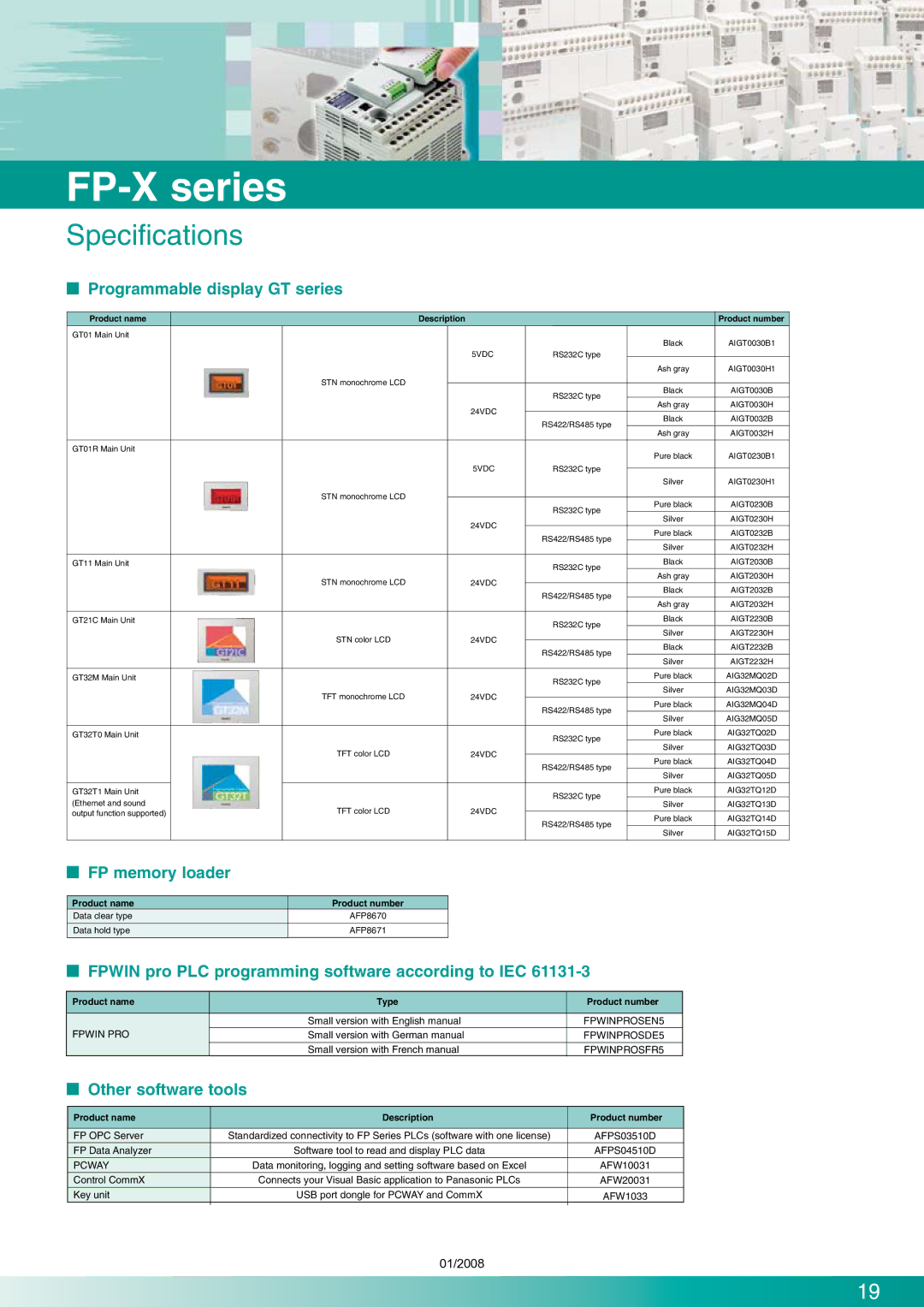 Panasonic FP-X Series manual Specifications,  Programmable display GT series,  FP memory loader,  Other software tools 