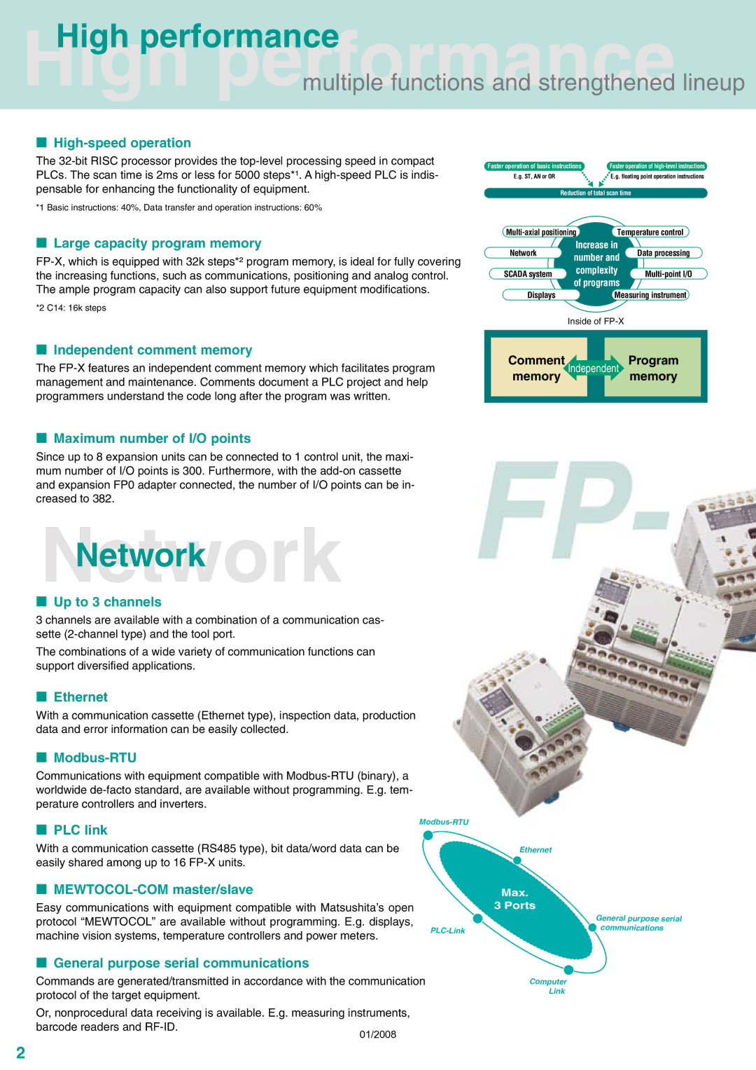 Panasonic FP-X Series  High-speed operation,  Large capacity program memory,  Independent comment memory,  Ethernet 