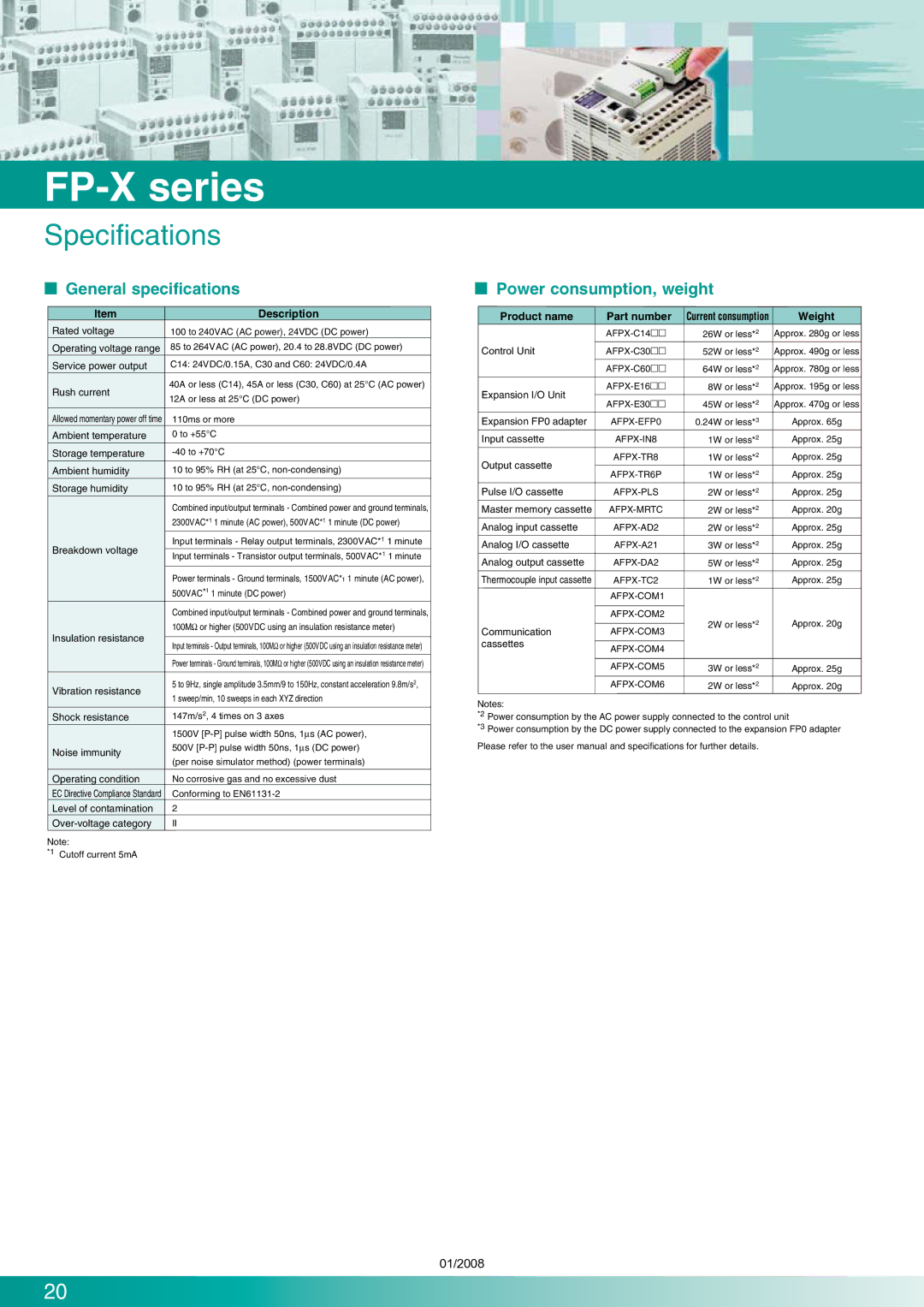 Panasonic FP-X Series  General specifications,  Power consumption, weight, Description, Product name Part number, Weight 