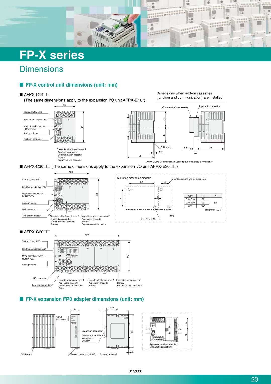 Panasonic FP-X Series Dimensions,  FP-X control unit dimensions unit mm,  FP-X expansion FP0 adapter dimensions unit mm 