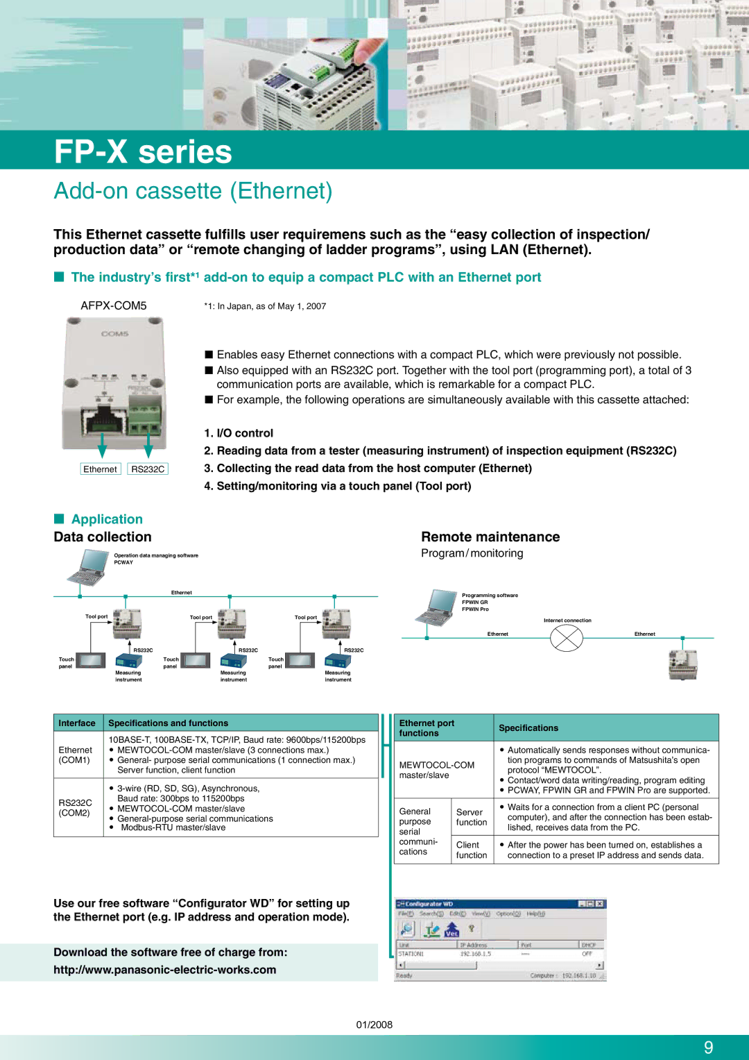 Panasonic FP-X Series manual Add-on cassette Ethernet, Data collection,  Application, Program / monitoring 