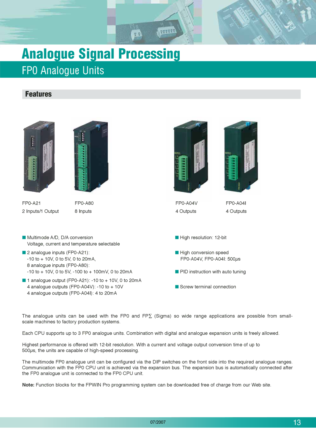 Panasonic C16CP, FP0T32CP, FP0-C16T, E32RS, E32T, E32P, FP0-C10RS, E16T, T32CT Analogue Signal Processing, FP0 Analogue Units 