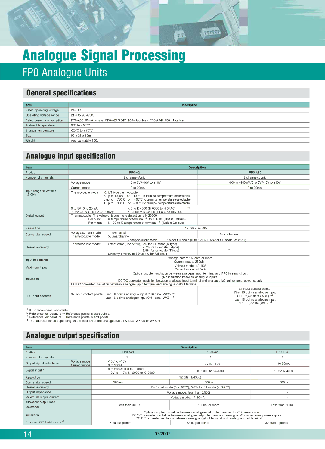 Panasonic C14CRS, FP0T32CP, FP0-C16T General specifications, Analogue input specification, Analogue output specification 