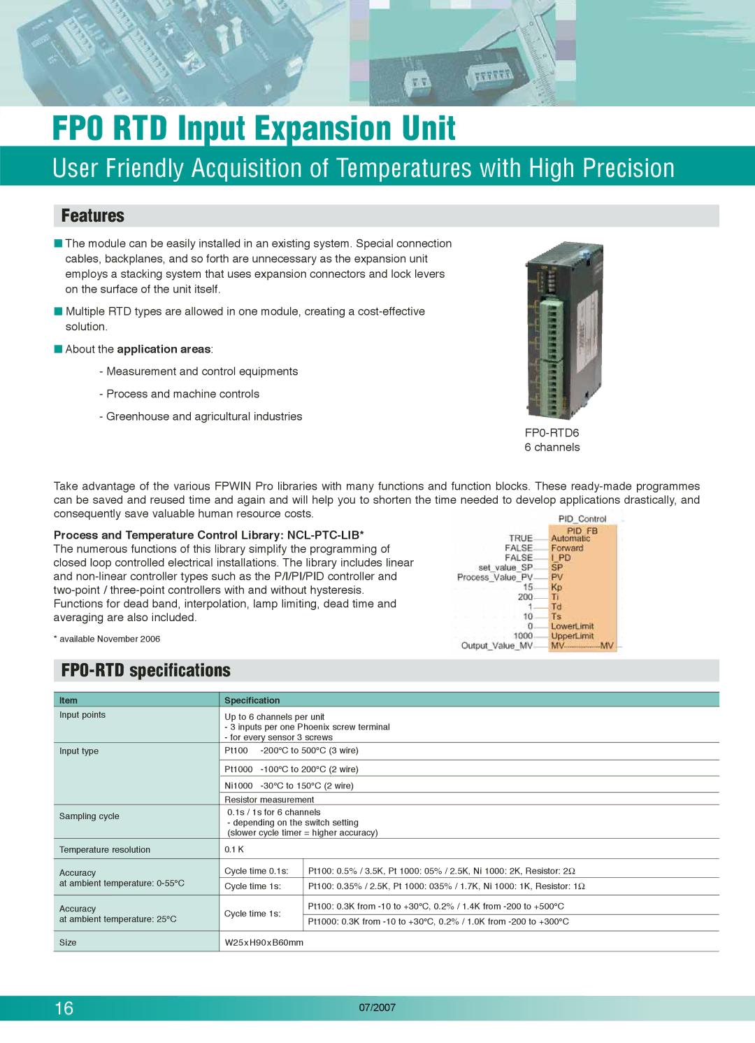 Panasonic C16CT, FP0T32CP, FP0-C16T, E32RS FP0 RTD Input Expansion Unit, FP0-RTD specifications, About the application areas 