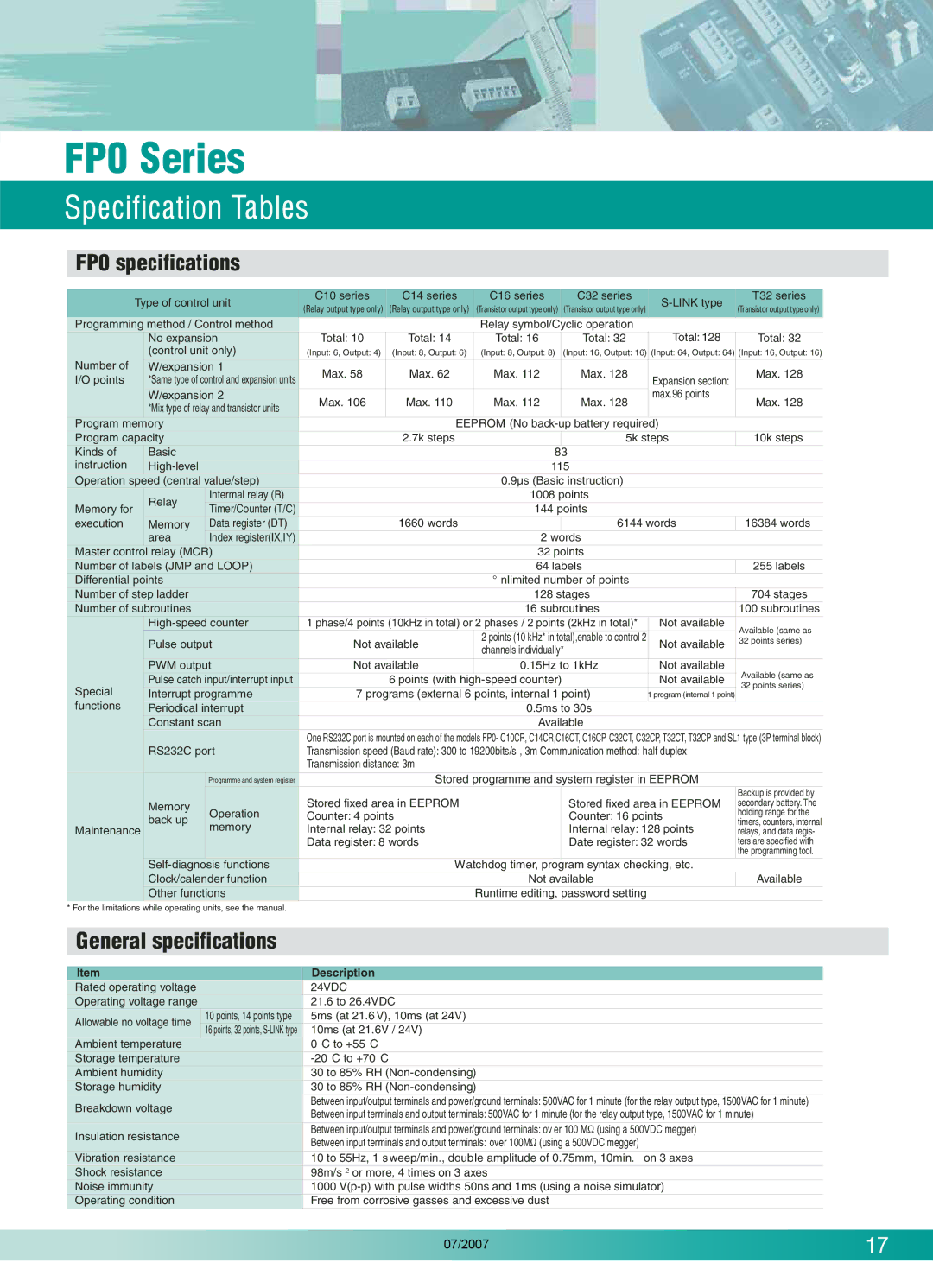 Panasonic C32T, FP0T32CP, FP0-C16T, E32RS, E32T, E32P, FP0-C10RS, E16T FP0 Series, Specifica tion Tables, FP0 specifications 