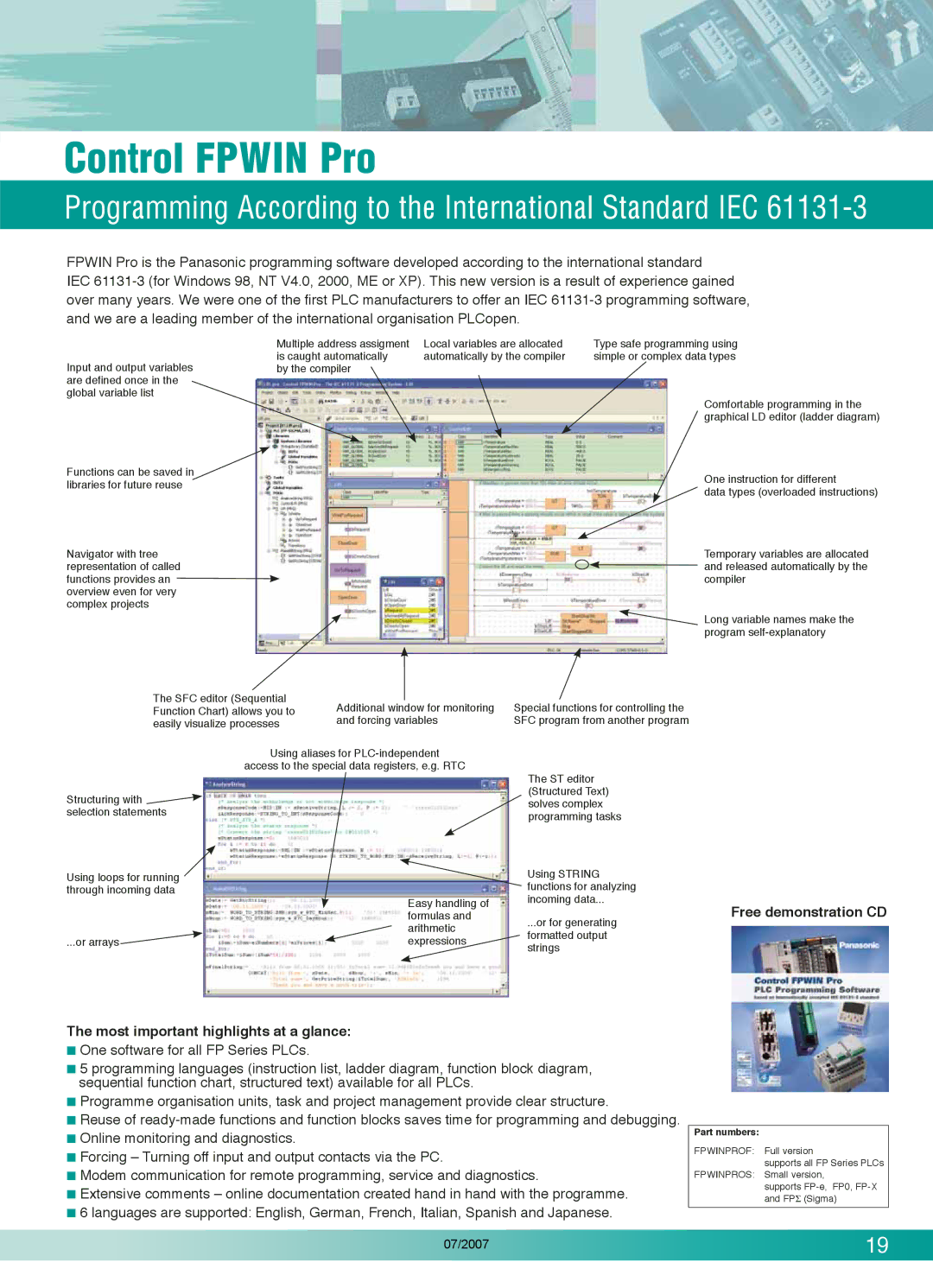 Panasonic C10CRS, FP0T32CP, FP0-C16T, E32RS Control Fpwin Pro, Most important highlights at a glance, Free demonstration CD 