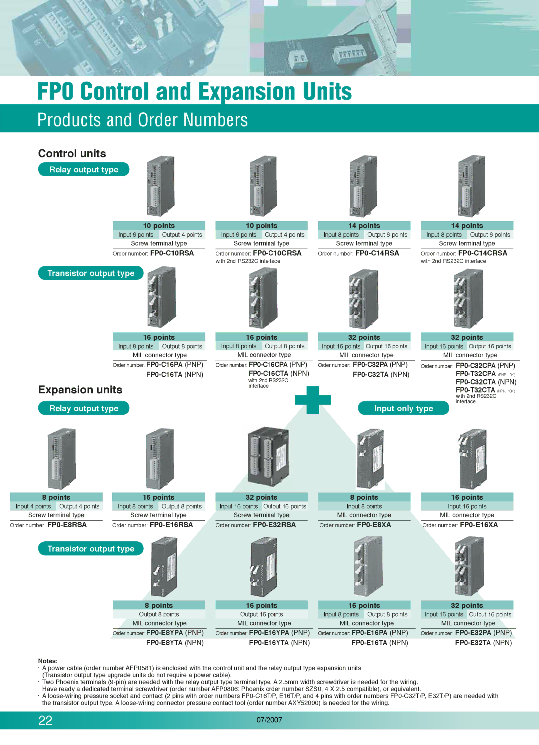 Panasonic FP0-C16T, FP0T32CP, E32RS, E32T, E32P, FP0-C10RS, E16T FP0 Control and Expansion Units, Produc ts and Order Numbers 