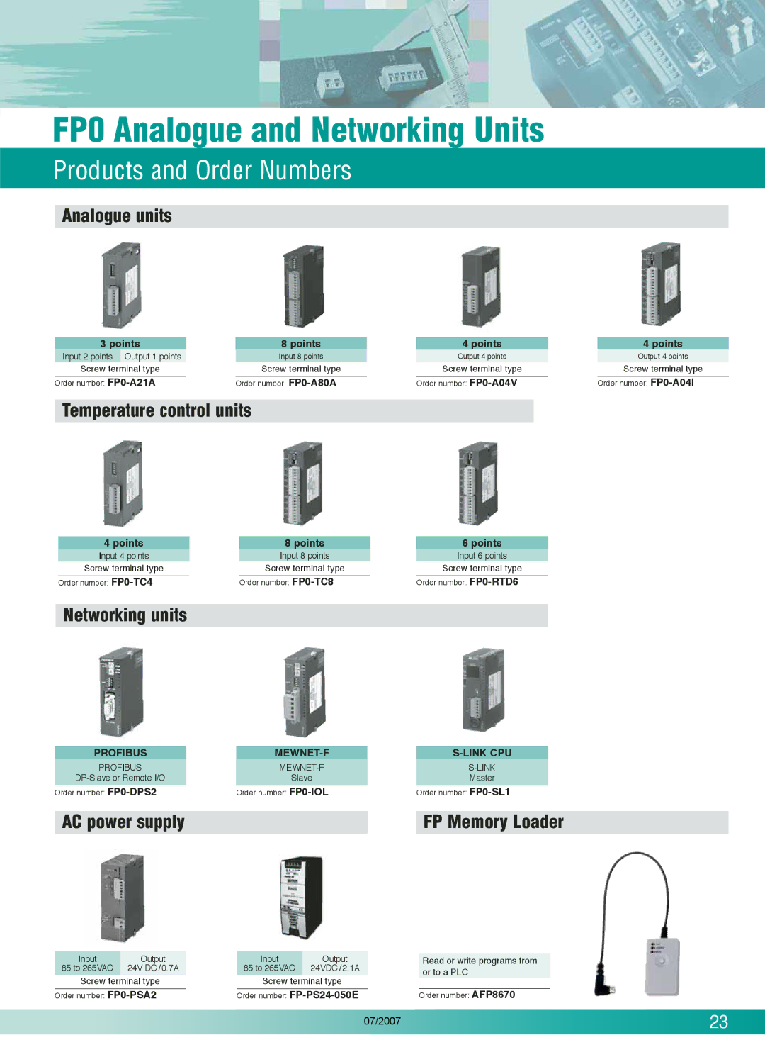 Panasonic E32RS, FP0T32CP FP0 Analogue and Networking Units, Analogue units, Temperature control units, Networking units 