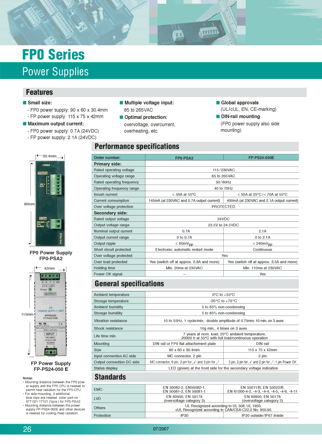 Panasonic FP0-C10RS, FP0T32CP, FP0-C16T, E32RS, E32T, E32P, E16T, T32CT Power Supplies, Performance specifications, Standards 