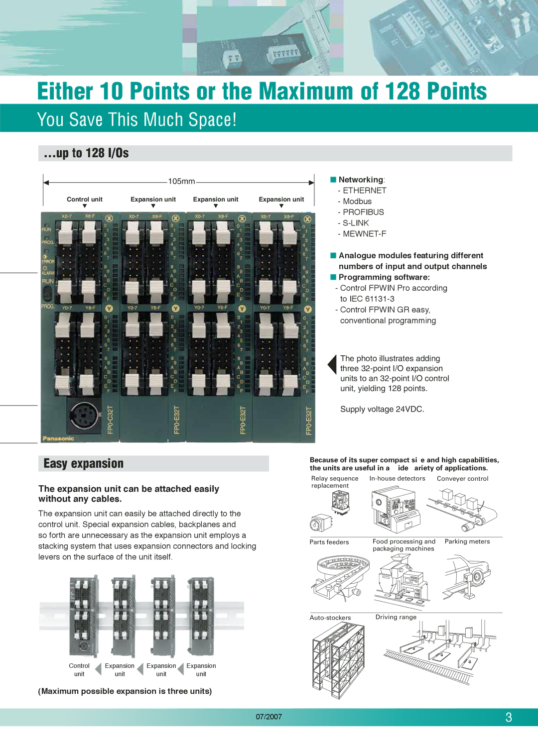 Panasonic E32T, FP0T32CP, FP0-C16T, E32RS, E32P, E16T You Save This Much Space, …up to 128 I/Os, Easy expansion, Networking 