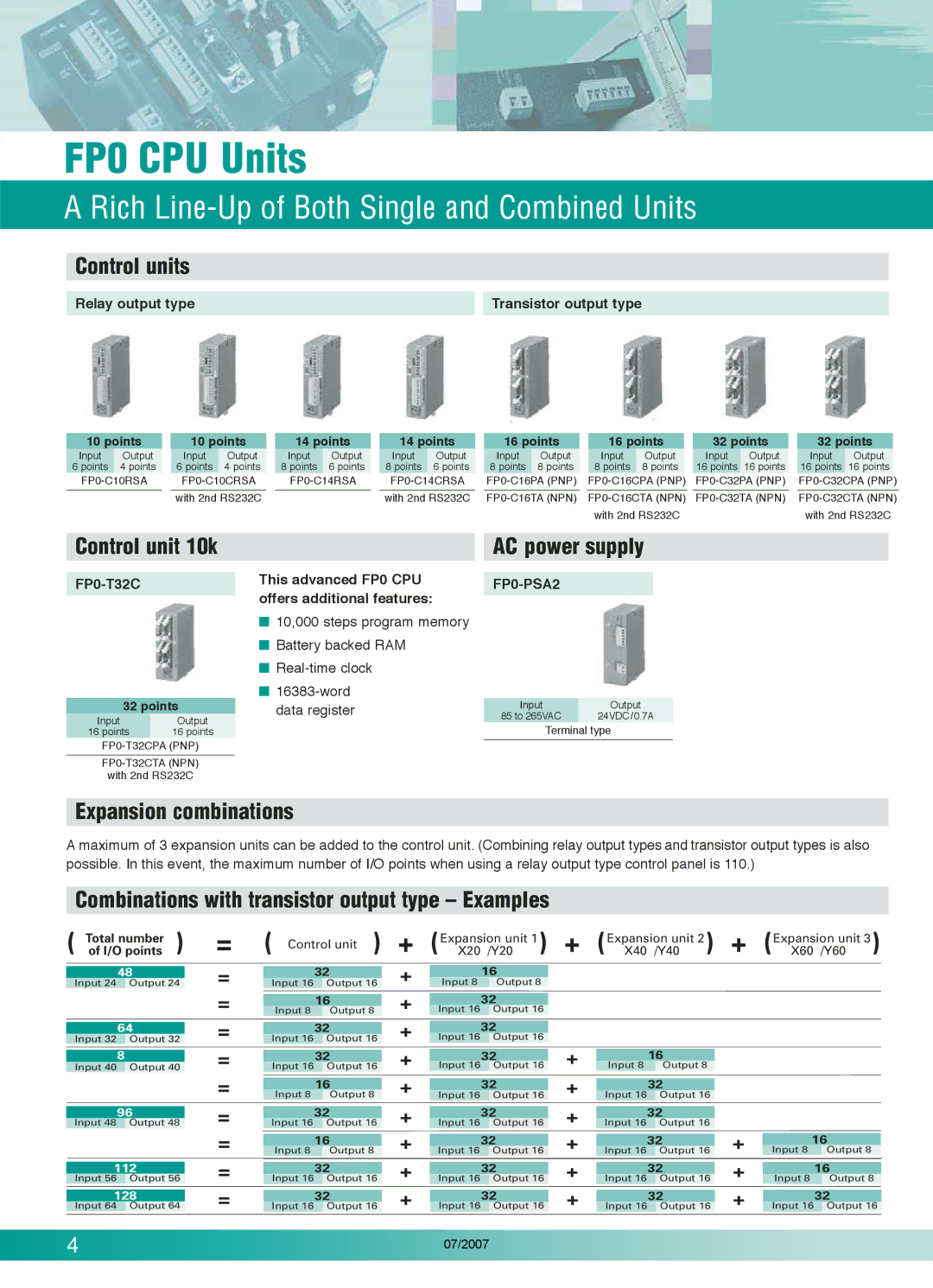 Panasonic E32P, FP0T32CP, FP0-C16T, E32RS, E32T, FP0-C10RS, E16T FP0 CPU Units, Rich Line-Up of Both Single and Combined Units 