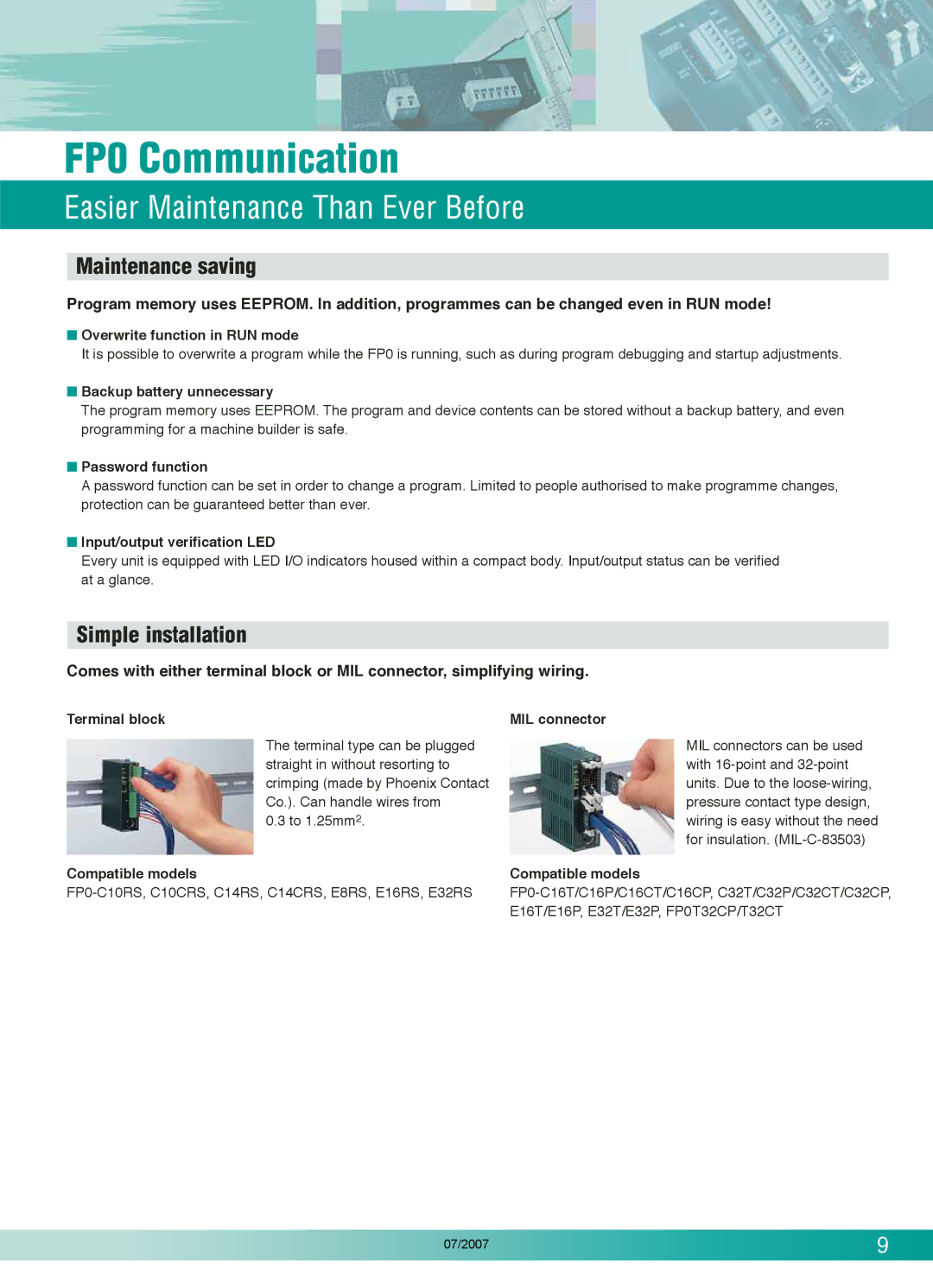 Panasonic E16RS, FP0T32CP, FP0-C16T, E32RS Easier Maint enance Than Ever Be fore, Maintenance saving, Simple installation 