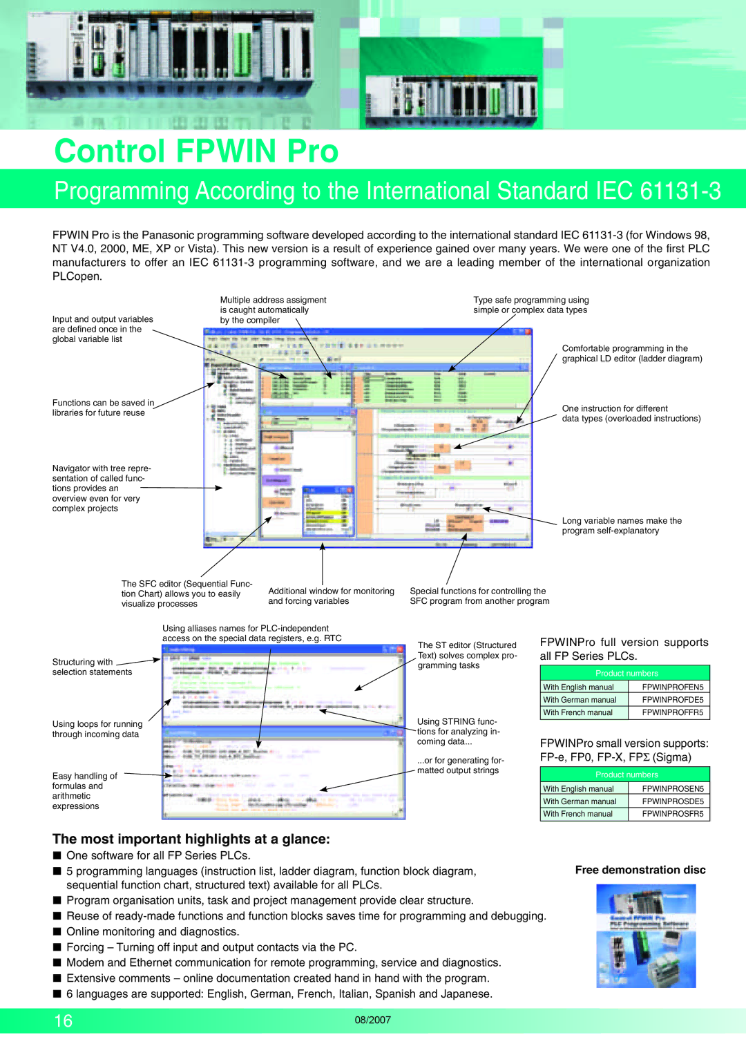 Panasonic FP2SH manual XxxxxControlXxxxxxxxFPWIN Pro, Most important highlights at a glance, Free demonstration disc 