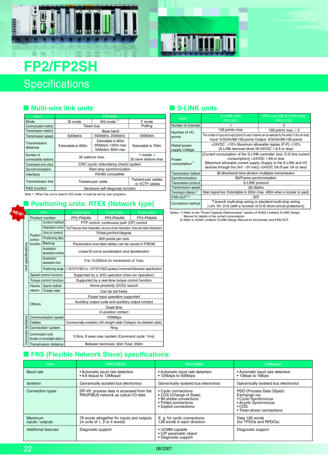 Panasonic FP2SH manual  Multi-wire link units,  Positioning units Rtex Network type,  S-LINK units, Cos 