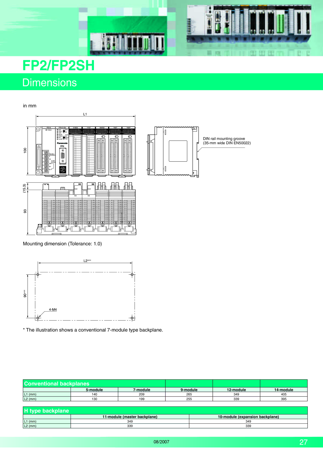 Panasonic FP2SH manual Dimensions, DIN rail mounting groove Mm wide DIN EN50022, L1 mm L2 mm, 349 339 