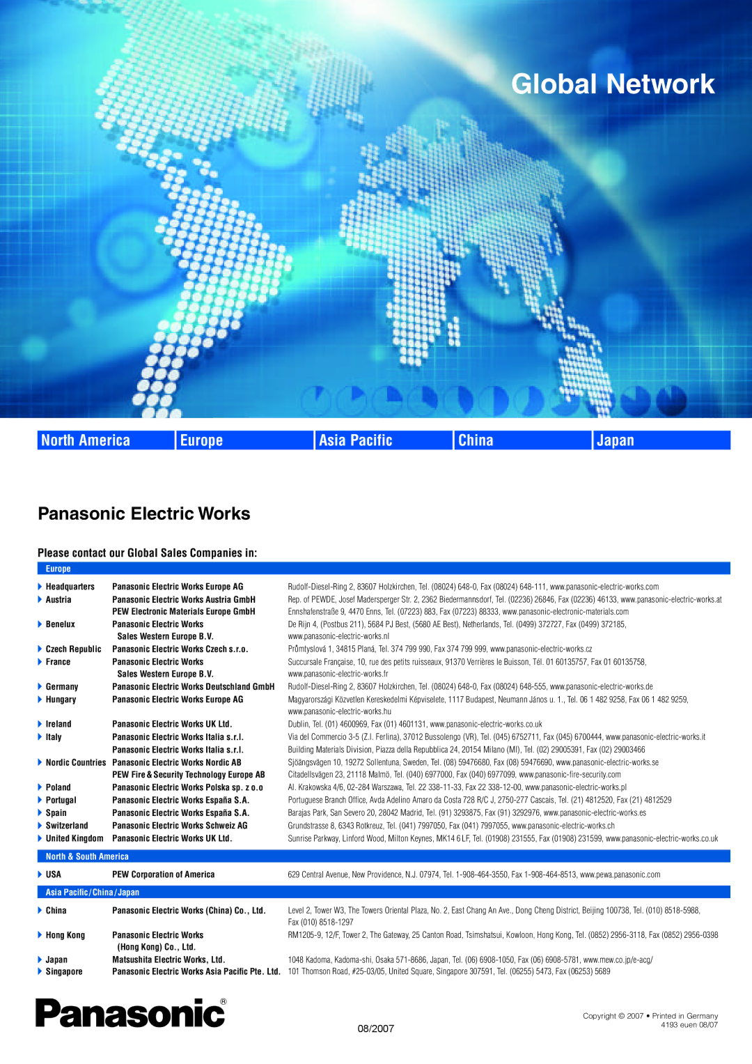 Panasonic FP2SH manual Please contact our Global Sales Companies, Fax 010, Euen 08/07 