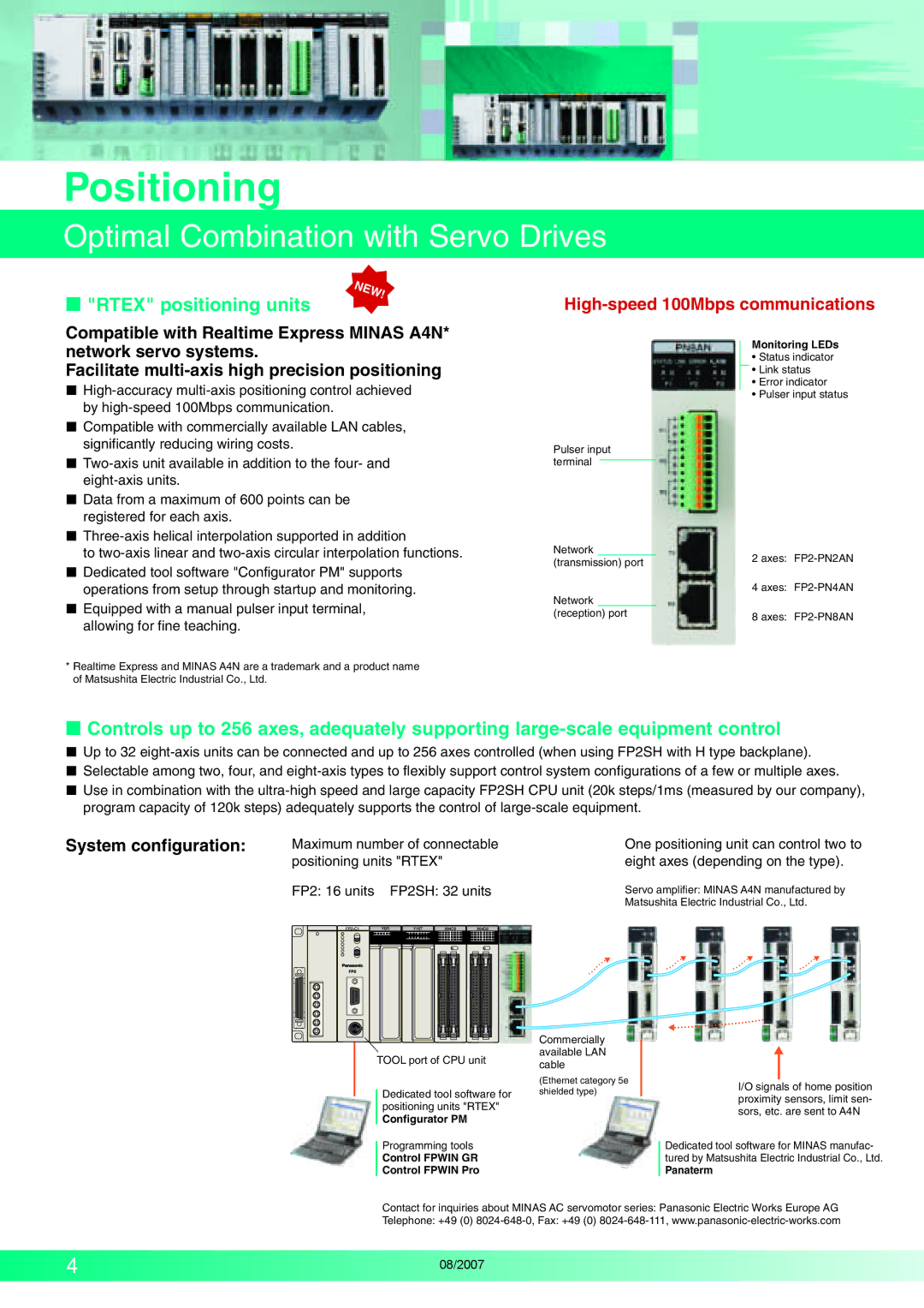 Panasonic FP2SH Positioning, Optimal Combination with Servo Drives,  Rtex positioning units, System configuration 