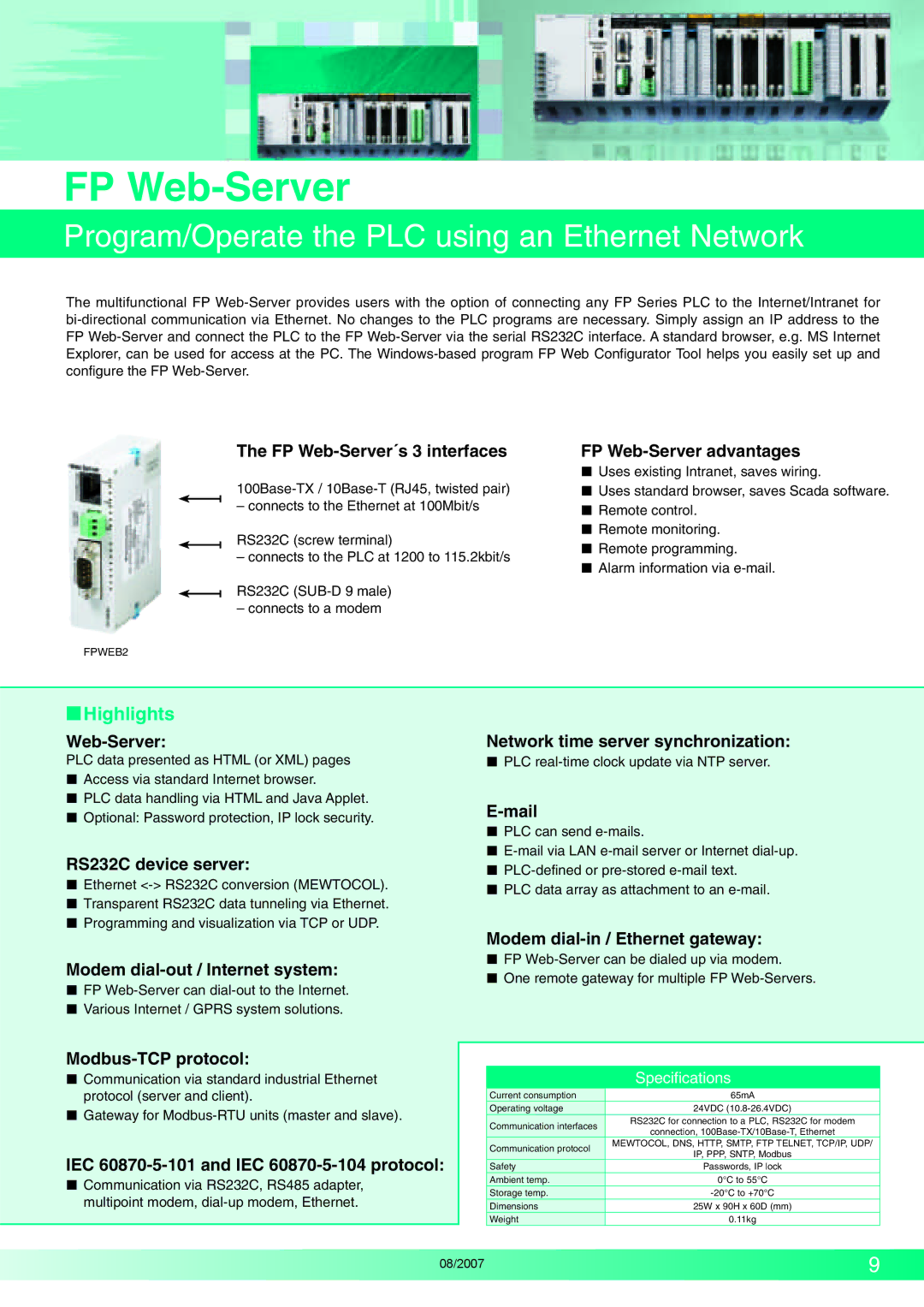 Panasonic FP2SH manual FP Web-Server, Program/Operate the PLC using an Ethernet Network,  Highlights 