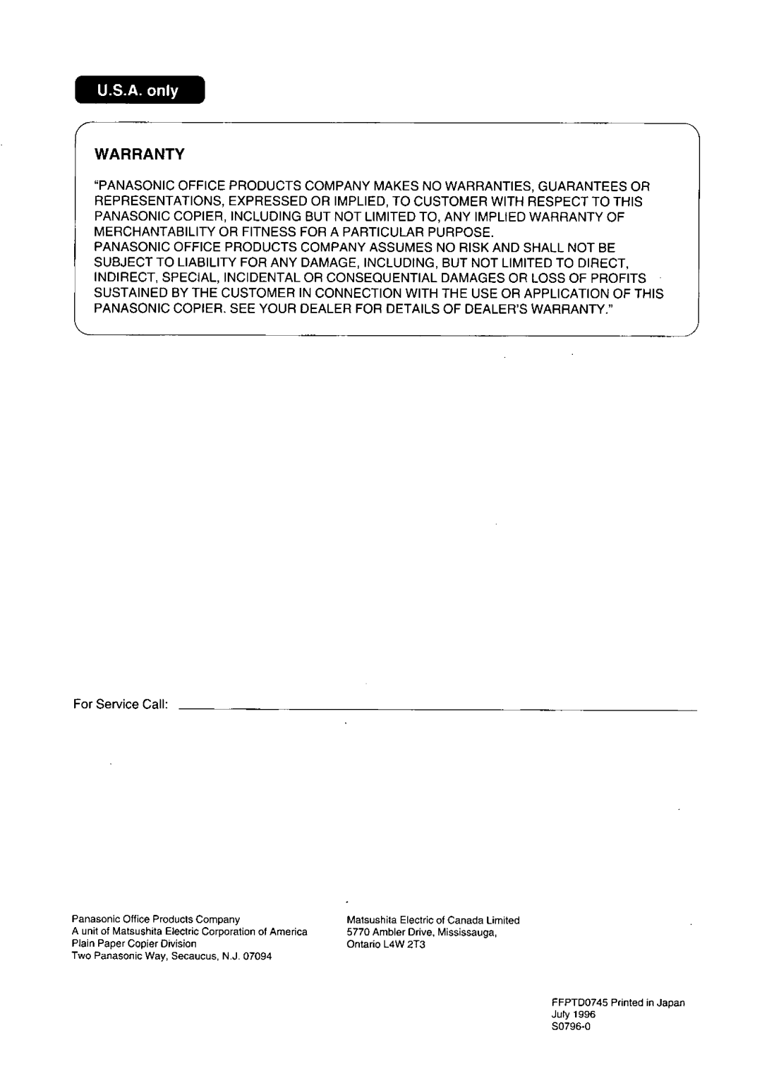 Panasonic FP7750 manual 