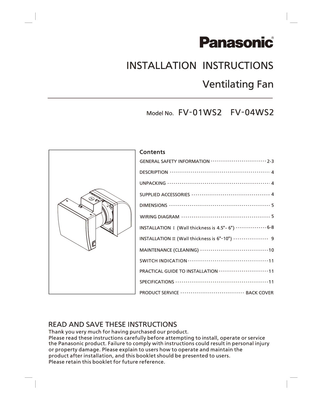 Panasonic FV-04WS2, FV-01WS2 manual 