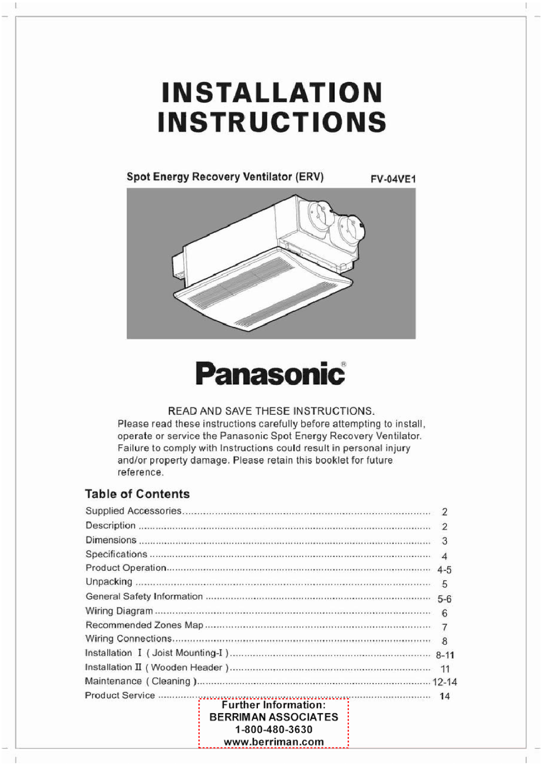 Panasonic FV-04VE1 manual 