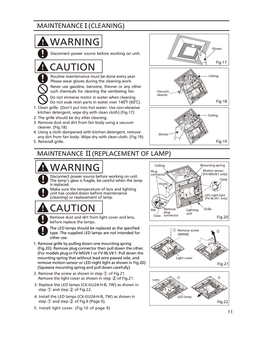 Panasonic FV-11-15VKL1, FV-05-11VKSL1, FV-05-11VKL1 Maintenance Cleaning, Maintenance Replacement of Lamp 