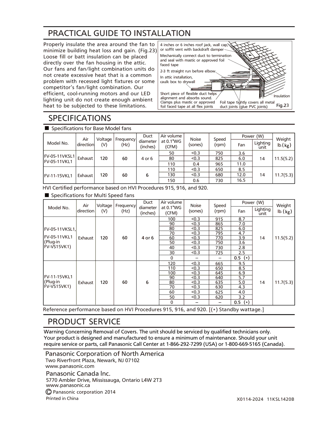 Panasonic FV-05-11VKSL1, FV-05-11VKL1, FV-11-15VKL1 Practical Guide to Installation, Specifications, Product Service 