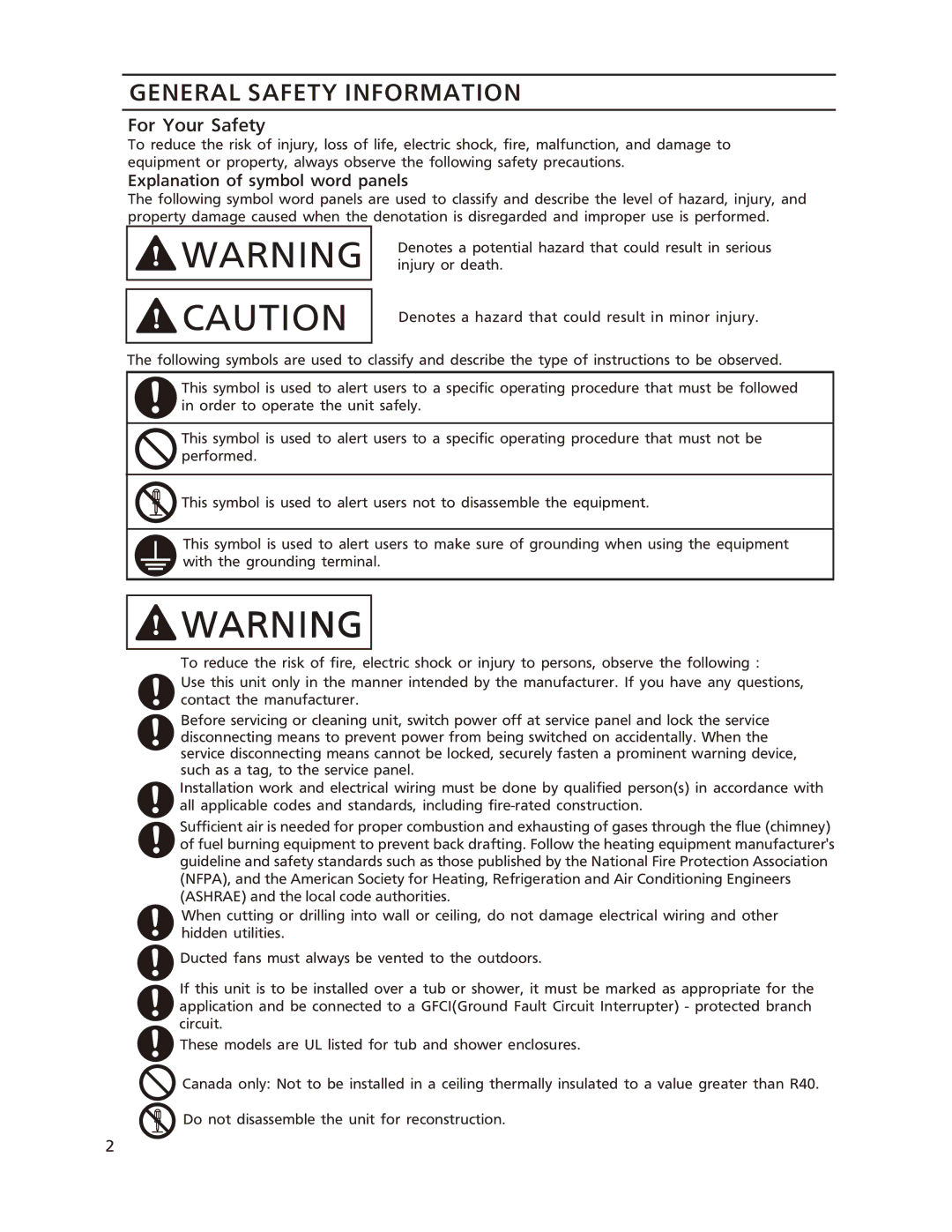 Panasonic FV-11-15VKL1, FV-05-11VKSL1, FV-05-11VKL1 installation instructions General Safety Information, For Your Safety 