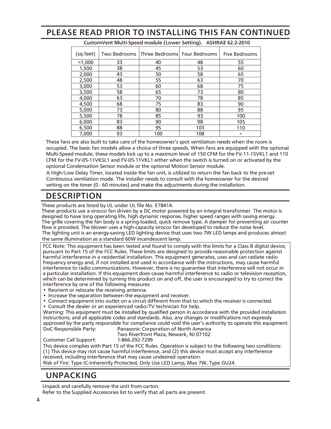 Panasonic FV-05-11VKL1, FV-05-11VKSL1, FV-11-15VKL1 installation instructions Description, Unpacking 