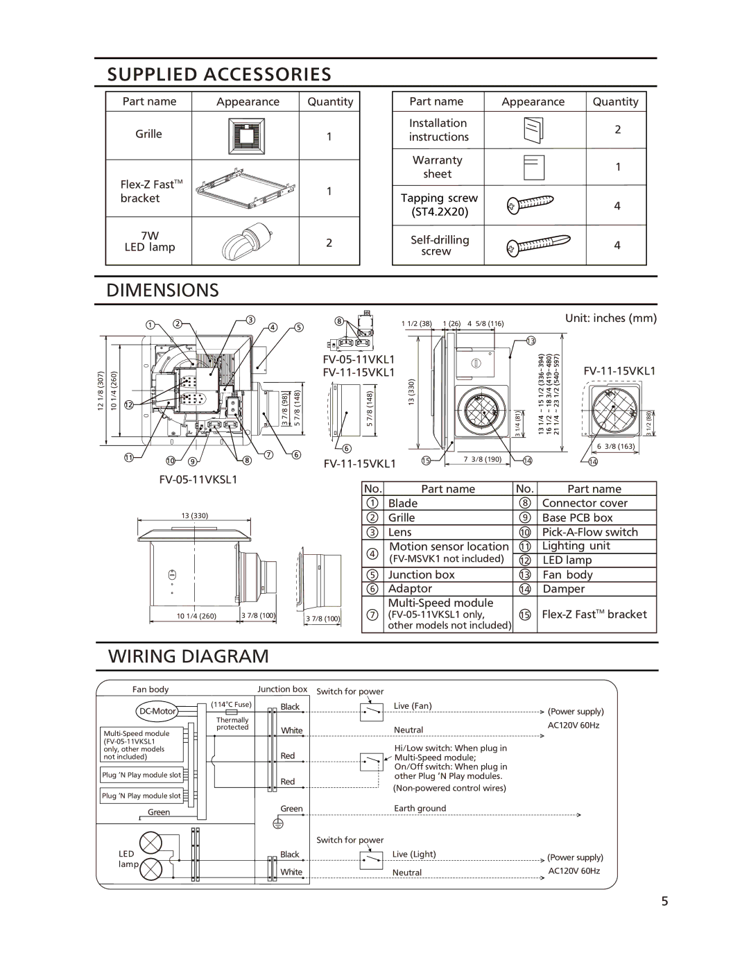 Panasonic FV-11-15VKL1, FV-05-11VKSL1, FV-05-11VKL1 Supplied Accessories, Dimensions, Wiring Diagram 