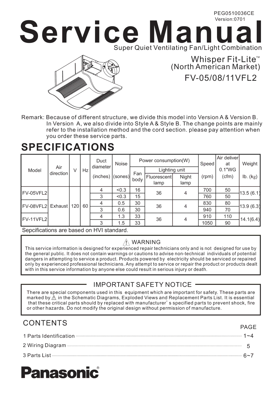 Panasonic FV-05/08/11VFL2 service manual Whisper Fit-LiteTM, Sepcifications are based on HVI standard 