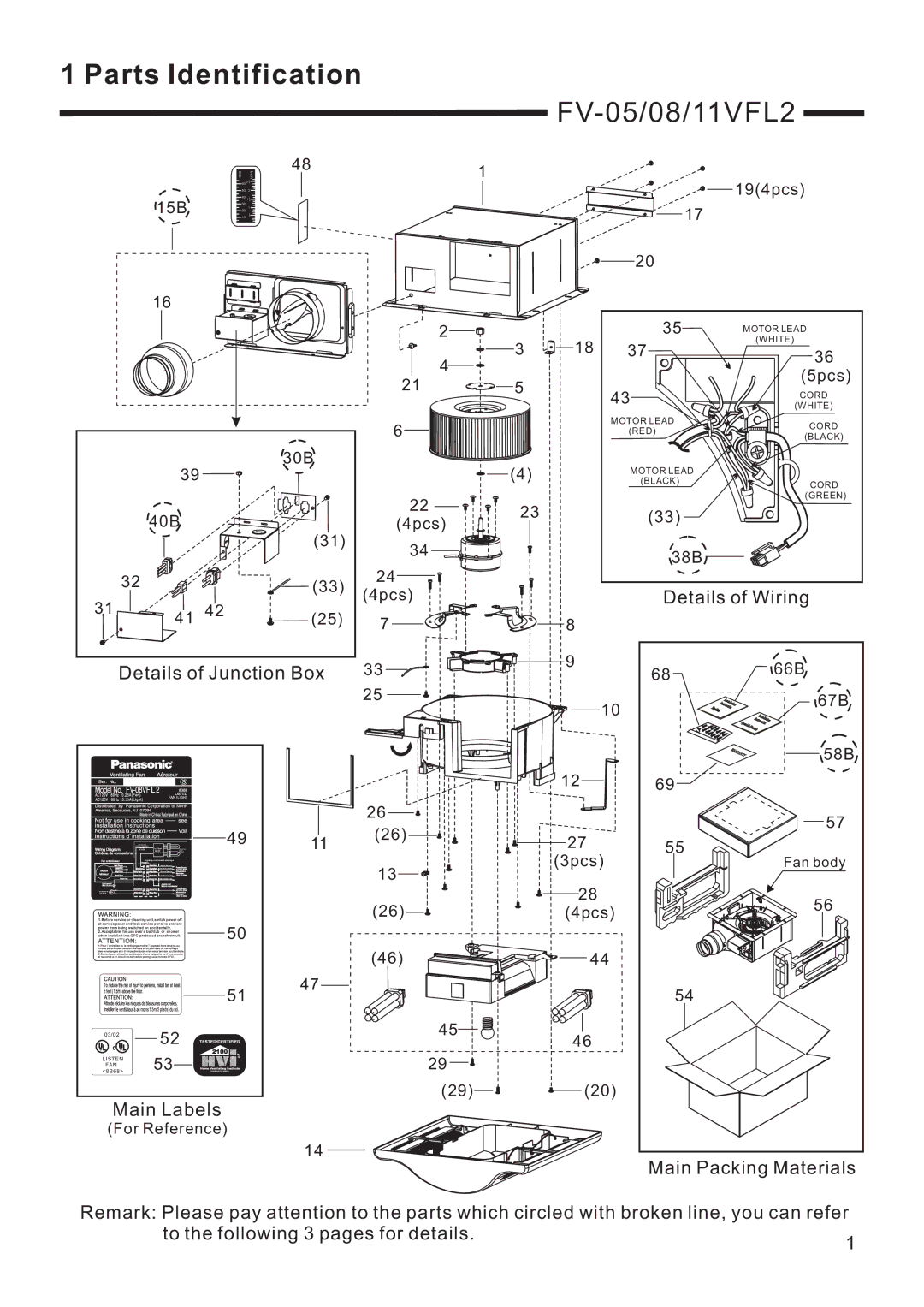 Panasonic FV-05/08/11VFL2 service manual Parts Identification, Details of Wiring, Details of Junction Box, Main Labels 