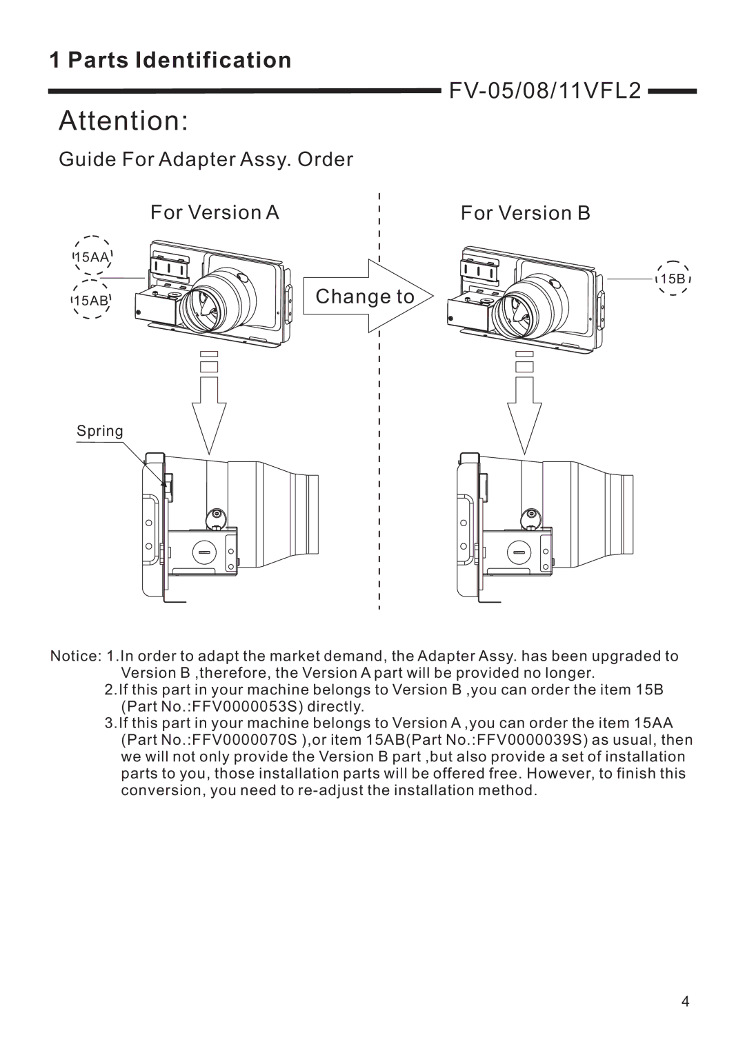 Panasonic FV-05/08/11VFL2 service manual Guide For Adapter Assy. Order 