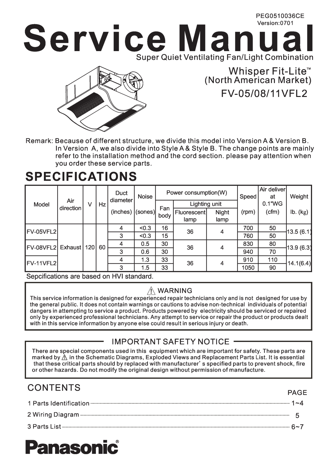 Panasonic FV-05/08/11VFL2 service manual Whisper Fit-LiteTM, North American Market, Contents, Specifications 