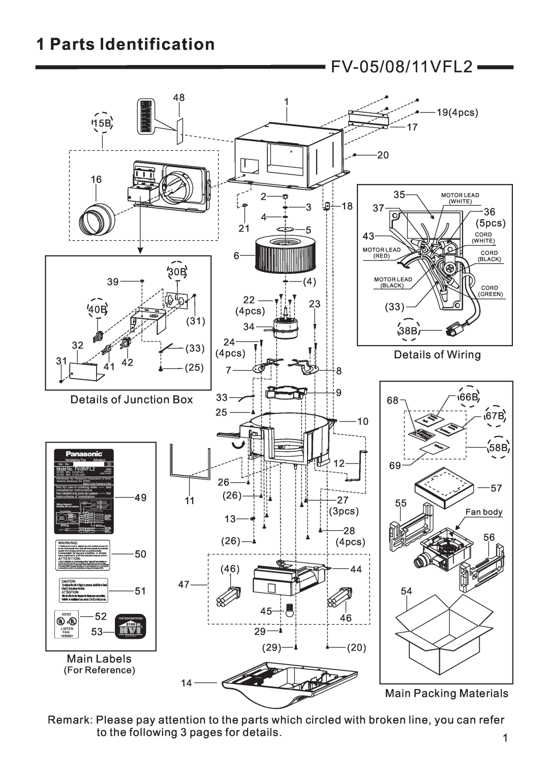 Panasonic FV-05/08/11VFL2 service manual Parts Identification 