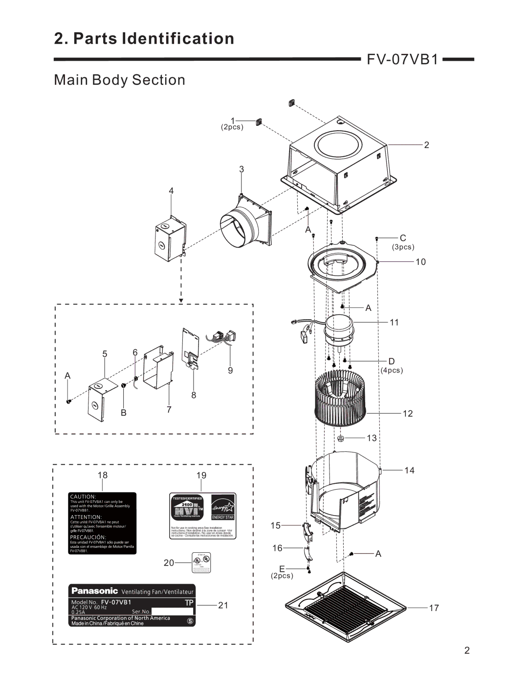 Panasonic FV-07VB1 service manual Main Body Section, 3pcs 4pcs 