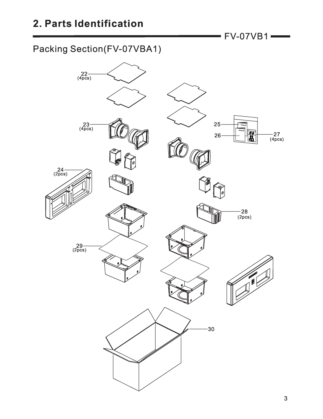 Panasonic FV-07VB1 service manual Packing SectionFV-07VBA1, Parts Identification, 4pcs, 2pcs 