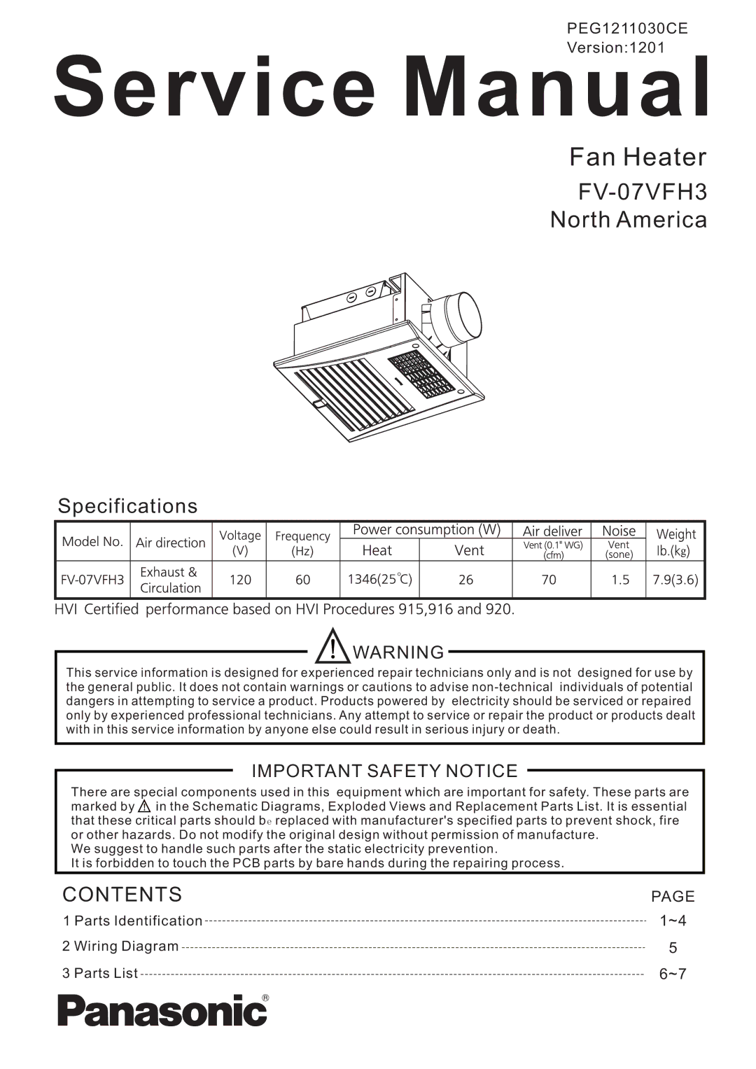 Panasonic FV-07VFH3 service manual Fan Heater, Specifications 